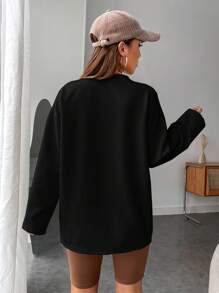 SHEIN EZwear 字母刺繡落肩T恤 - 黑色 - 查看 2