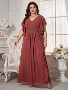 Solid V-Neck, Ruffle Sleeve Chiffon Dress - Redwood - View 4