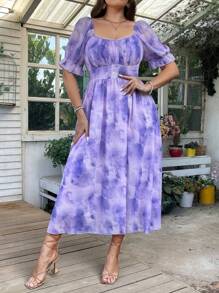 Flirla Plus Size Women's Square Neck Elegant Ombre Dress - Purple - View 1