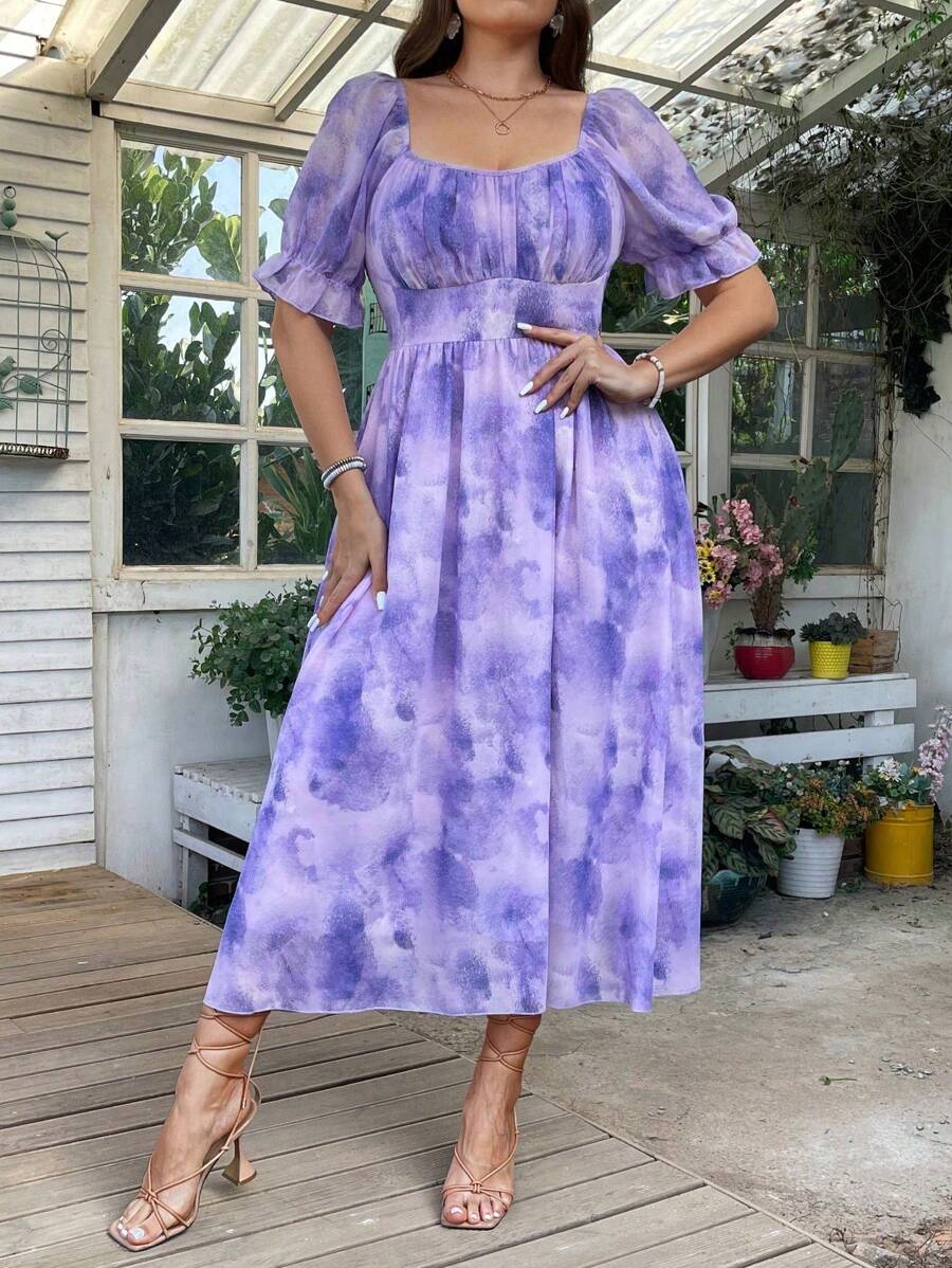 Flirla Plus Size Women's Square Neck Elegant Ombre Dress - Purple - View 1