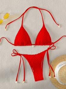 SHEIN Swim 2022 Minimalist Solid Color Bikini Summer - Red - View 1