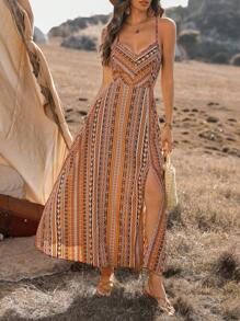 SHEIN X Scot Louie Breezaya Vestido largo con tirantes finos y estampado geométrico sin espalda, conjuntos de vestido para vacaciones y playa para mujer - Marrón - Ver 6