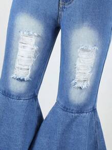 Quần denim xanh giặt vừa cho bé gái tuổi mới lớn, quần ống loe hai lớp, quần dài cá tính, trang phục dạo phố phù hợp - Rửa trung bình - Xem 5