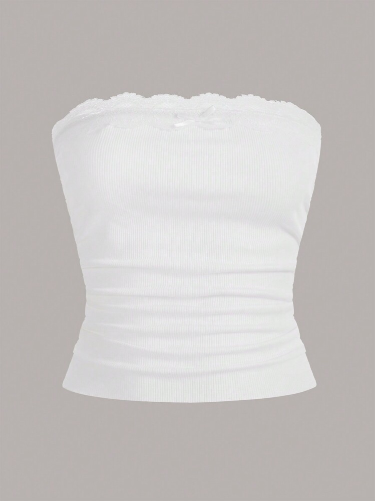SHEIN 少女针织纯色蕾丝装饰休闲抹胸搭配开衫两件套 - 黑與白 - 查看 6