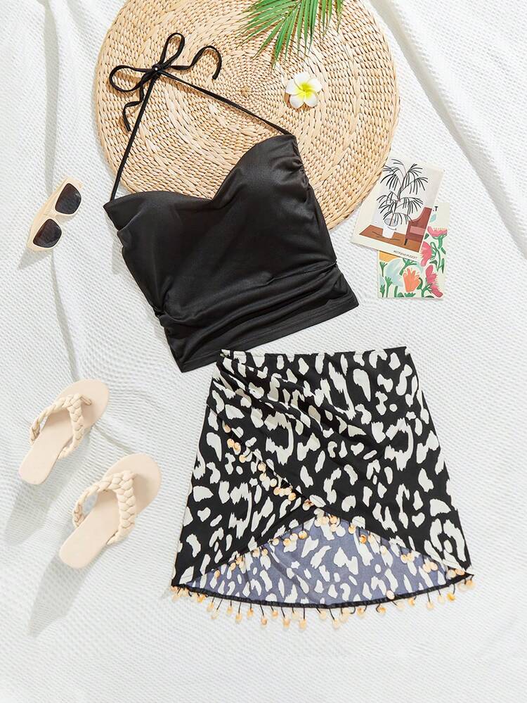 Plus Size Holiday Printed Seashell Decorated Wrapped Skirt And Solid Halter Top Two Pieces Set