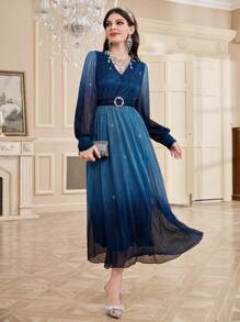 Modelyn Vestido de manga farol de color degradado para dama, elegante vestido de fiesta de noche, vestidos de noche largos - Azul Marino - Ver 5