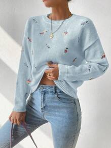 SHEIN LUNE Women's Floral Embroidered Drop Shoulder Sweater,Long Sleeve Tops