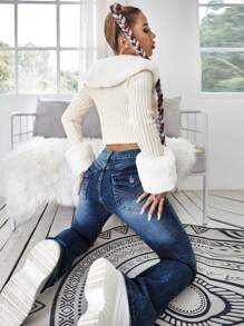 High Waist Bleach Wash Jeans - Blue - View 4