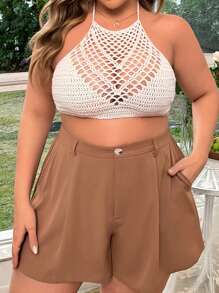 Flirla Top De Punto Halter Ahuecado Para Mujer Talla Grande