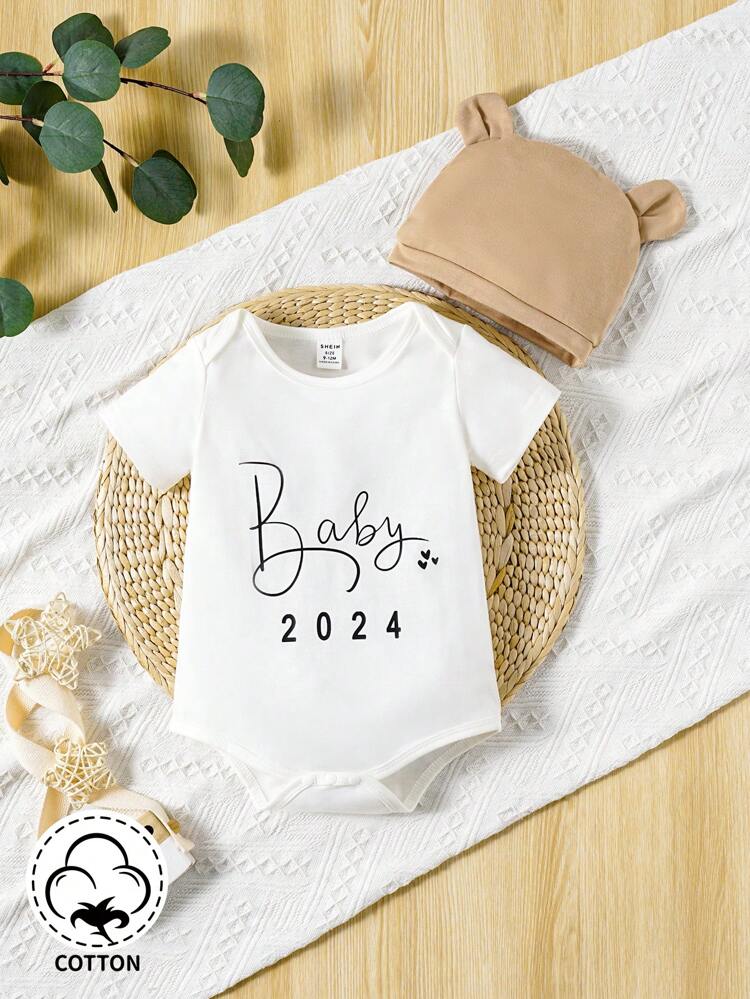 2pcs/Set Baby Boy's Casual Basic Comfortable Daily Wear Letter & Number Pattern Printed Bodysuit With Hat, Spring And Summer
