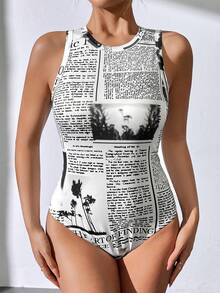 SHEIN Essnce Women's Knitted Newspaper Pattern Sleeveless Bodysuit - Black and White - View 3