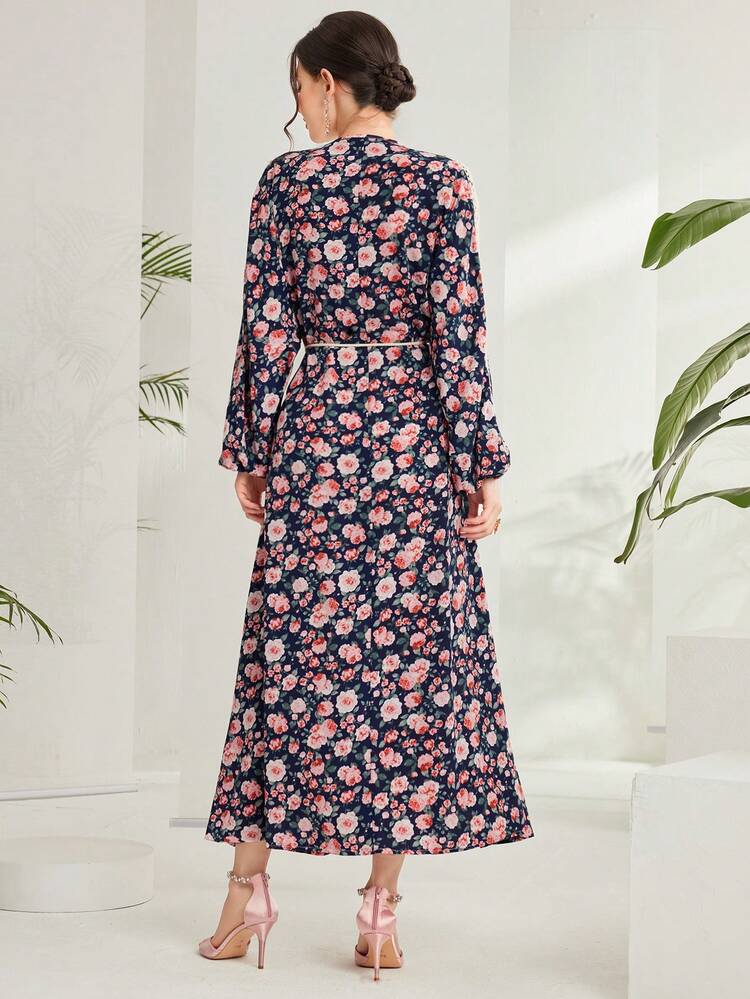 Women's Floral Printed Lantern Sleeve Arabian Dress