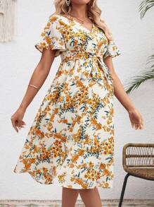 SHEIN Maternity Floral Wrapped Design Dress - Yellow - View 5