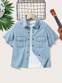 Tween Boy's Fold-Over Collar Short-Sleeve Denim Shirt With Pocket - Light Wash - View 1