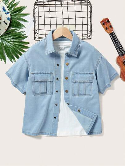 Chemise En Denim À Manches Courtes Avec Col Rabattu Et Poche Pour Garçon Pré-adolescent