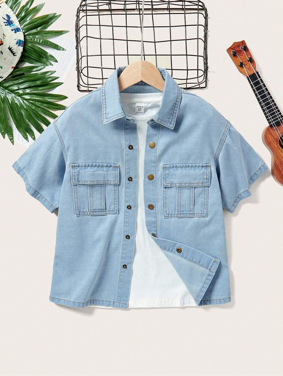Tween Boy's Fold-Over Collar Short-Sleeve Denim Shirt With Pocket - Light Wash - View 1