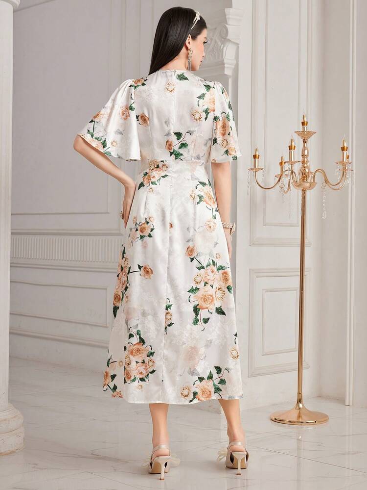 Women's Floral Printed Butterfly Sleeve Dress Long Evening Dresses