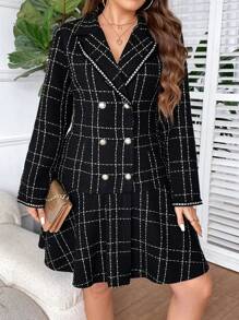 Celure Plus Size Women's Double-Breasted Plaid Dress