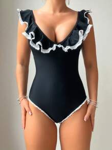 SHEIN Swim Women'S Black One-Piece Swimsuit With Ruffle Trim Music Festival Summer