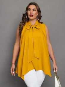 SHEIN Clasi Women's Plus Size Sleeveless Shirt With Asymmetric Hem And Tie Front