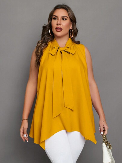 SHEIN Clasi Camisa Sin Mangas De Talla Grande Para Mujer Con Dobladillo Asimétrico Y Lazo Frontal