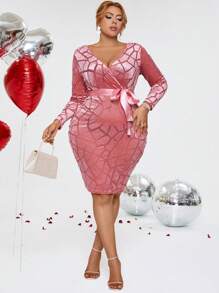 大碼交叉領口綁腰長袖天鵝絨連衣裙 - 粉色 - 查看 3