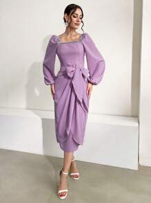 Modelyn Women's Contrast Color Decorated Square Neck Lantern Sleeve Dress - Purple - View 7