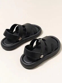 1雙黑色pu貝比涼鞋兒童拖鞋幼兒學步鞋