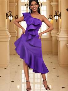 單肩荷葉邊不對稱下擺連衣裙 - 紫羅蘭色 - 查看 3