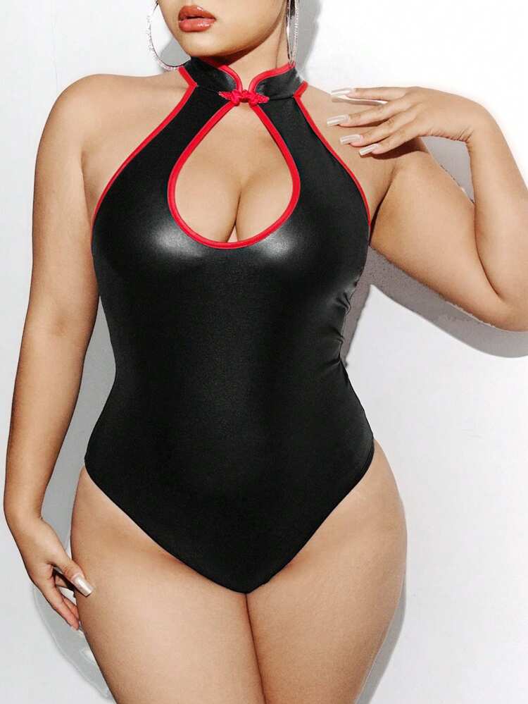 Plus Size Color-Block Cheongsam Style Halter Neck Bodysuit With Criss-Cross Back And Embellished Trim