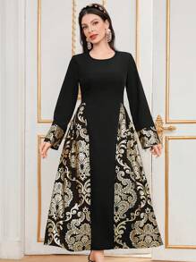 Modelyn Gold Foil Print Patchwork Dress - Black - View 7