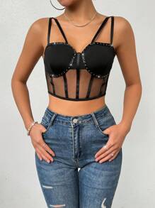 Allurite 女士鑽石裝飾網眼背心背心 - 黑色 - 查看 6