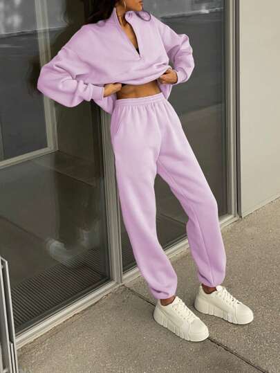 INAWLY 女裝拉鍊式半排扣落肩運動衫和joggers訓練服套裝
