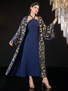 Modelyn Ladies' Gold Foil Print Coat & Solid Color Halter Dress Set 2 Piece Set Fall Cloth For Women - Navy Blue - View 7