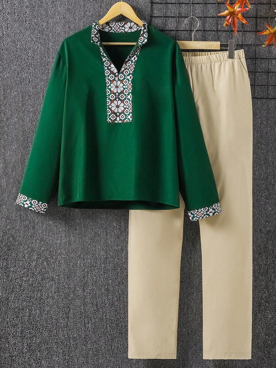 男士深綠色長袖襯衫套裝,家庭配套服裝（4 件單獨出售） - 墨綠色 - 查看 1