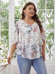 SHEIN Clasi 大尺碼v領花卉印花上衣,飄逸的鐘形袖 - 彩色 - 查看 4