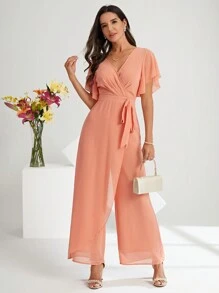 SHEIN Clasi Women's Solid Color Wrap Tie Jumpsuit - Coral Orange - View 5