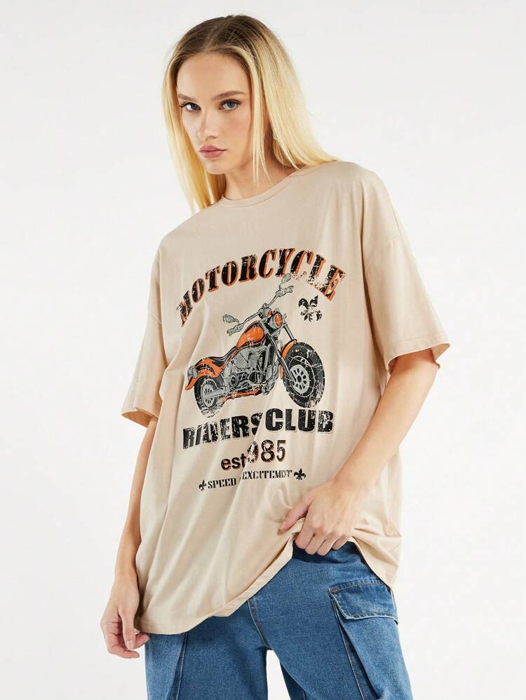 Vintage Distressed Letter & Motorcycle Printed Women's T-Shirt