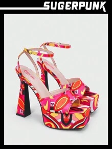 Valetines Y2K Stylish Platform High Heel Sandals In Floral Print Sugerpunk - Red - View 1