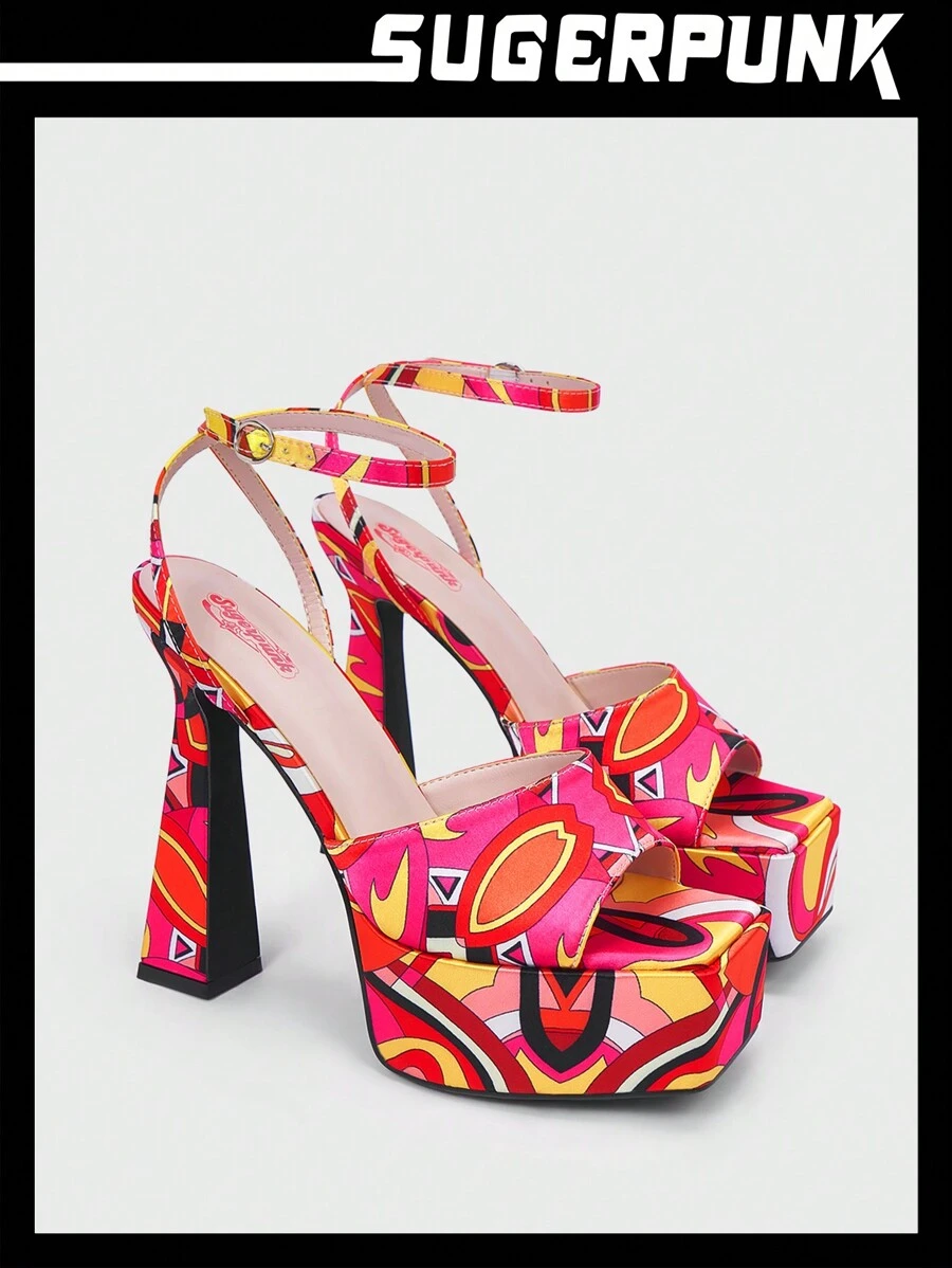 Valetines Y2K Stylish Platform High Heel Sandals In Floral Print Sugerpunk - Red - View 1