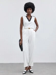 BizChic Débardeur Col En V Sans Manches Pour Femme Avec Bloc De Couleur - Blanc - Voir 3