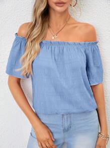 SHEIN LUNE Của phụ nữ Off-shoulder Ngắn tay Áo sơ mi Với Lá sen tỉa - Màu xanh nhạt - Xem 5