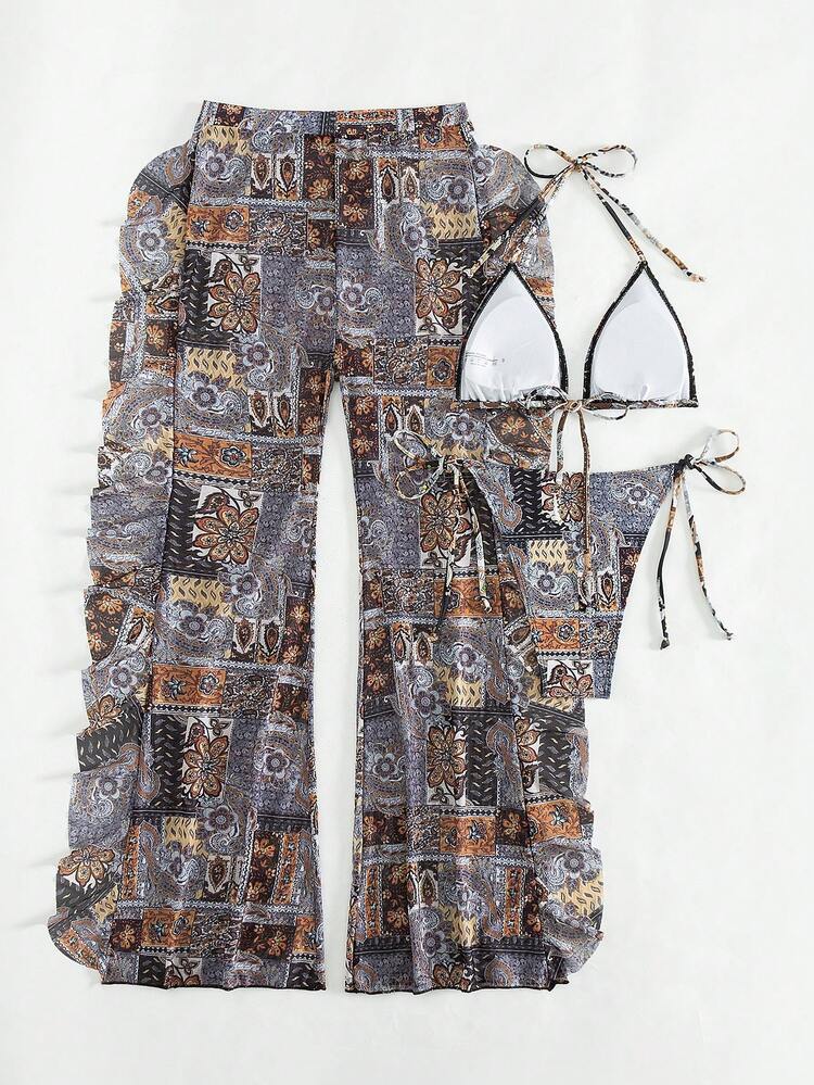 All-Over Printed Triangle Cup Bikini Set + Ruffled Swimming Trunks Carnival Summer