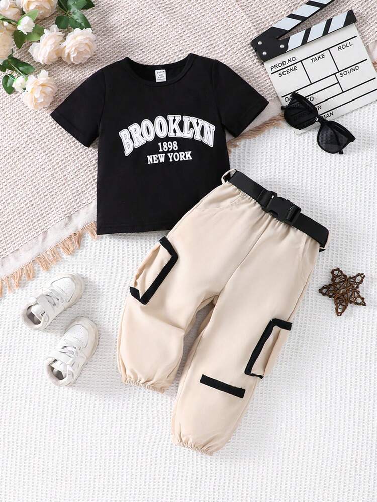 Baby Girl Casual Letter Printed Short Sleeve T-Shirt And Long Pants 2pcs Outfit