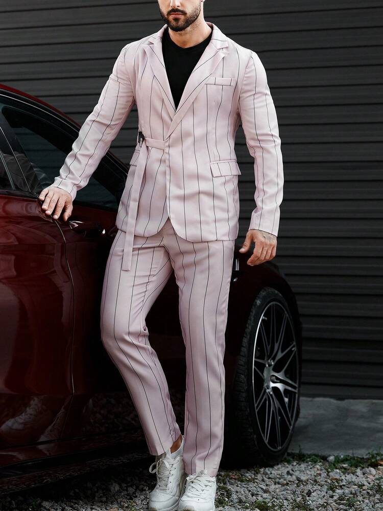 Men'S Striped Flap Pocket Suit Set