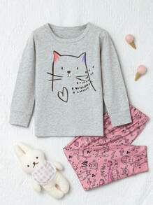 Girls' Cartoon Printed Homewear Set - Grey - View 1