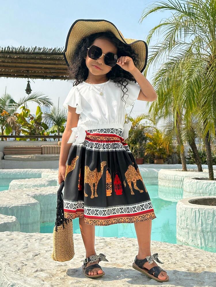 Young Girl's Casual Round Neck Cap Sleeve Top With Camel Print Skirt