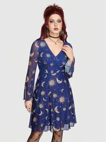 ROMWE Hippie 女式網紗喇叭袖連身裙配太陽、月亮和星星圖案 - 藍色 - 查看 9