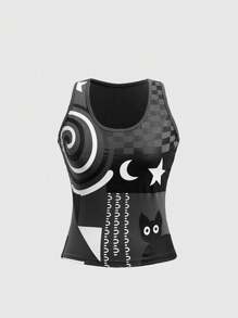 ROMWE 休闲黑猫漩涡印花背心，夏季 - 灰色 - 查看 1