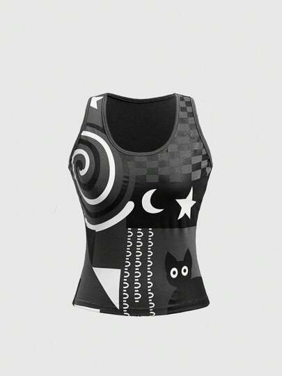 Casual Black Cat Swirl Print Tank Top, Summer